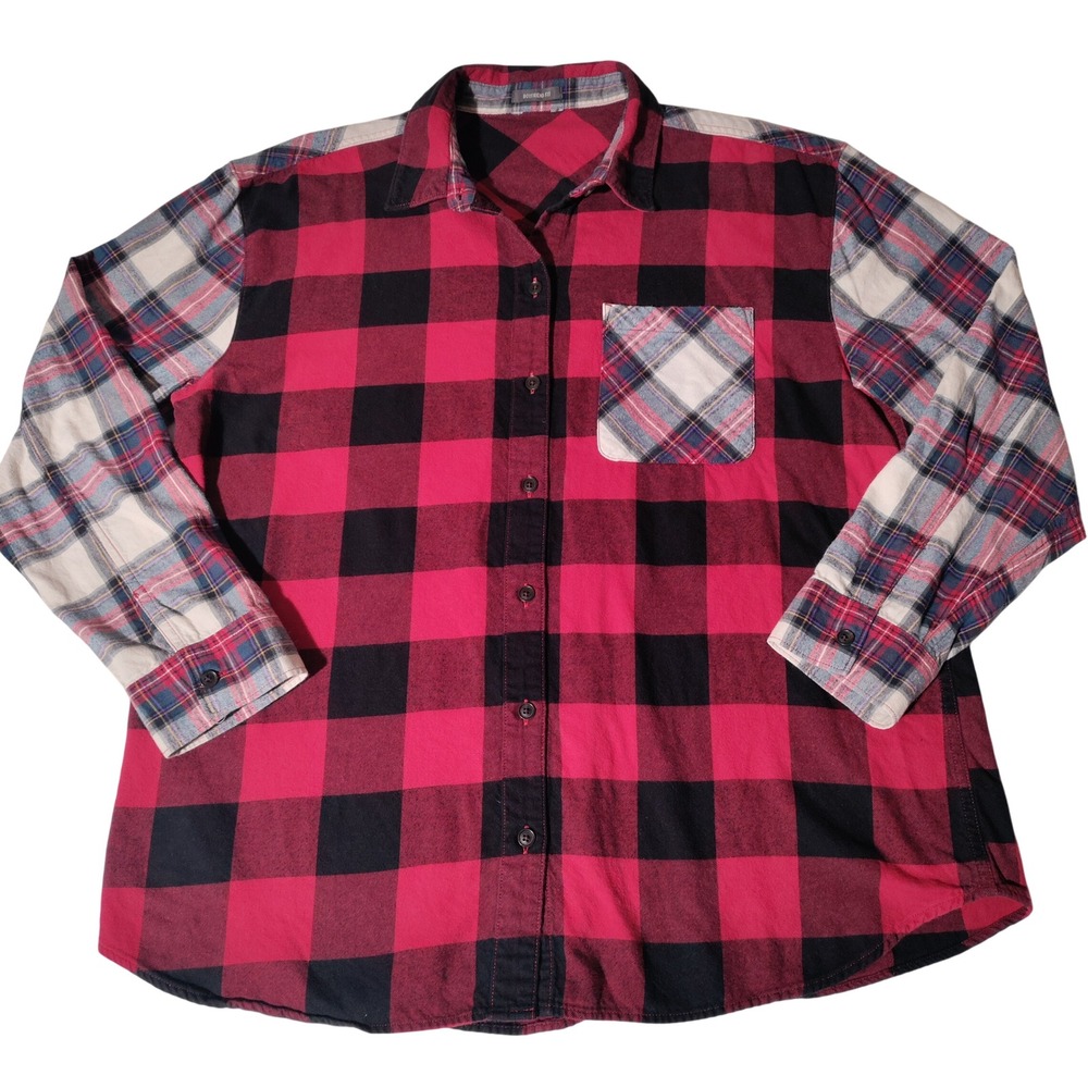 Eddie Bauer Mixed Plaid Flannel Shirt Red Black Buffalo Check Boyfriend‎ Fit L?